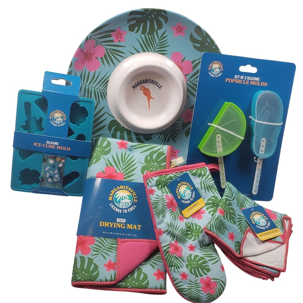 Margaritaville NEW 6Pc Kitchen Set Dip Tray Mat Mitt Cloths Ice & Popsicle Molds